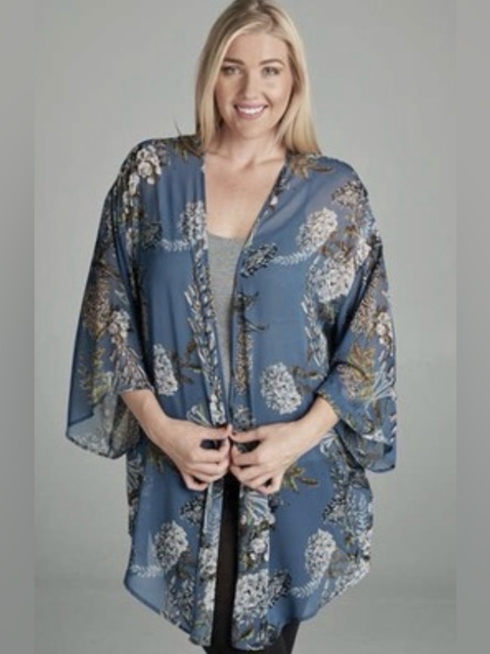 Flying Daisy Floral Sheer Kimono Top Jacket in Slate Blue with Flowy Sleeves